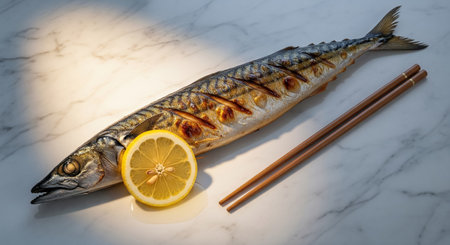 Grilled Mackerel with lemon and chopsticks on white marble tableの素材