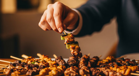 cropped view of man holding skewer with meat and nuts on blurred backgroundの素材