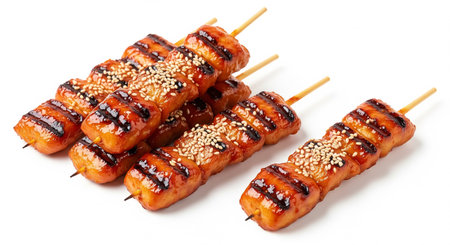 Grilled sausage with sesame seeds isolated on a white background.の素材