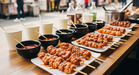 Japanese food, deep-fried chicken satay on skewers.の素材