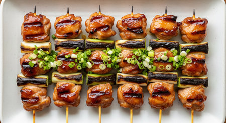 Skewers of pork and zucchini on a plateの素材