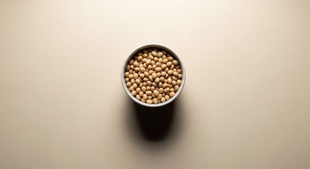 Soybeans in a cup on a beige background, top viewの素材