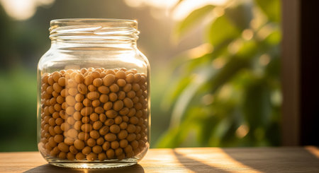 Soybean in glass jar on wooden table and sunlight background.の素材