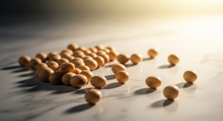 Soybeans on a white marble surface. Selective focus.の素材