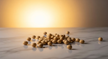 Soybeans on a white marble table with a golden background.の素材