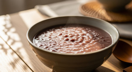 Japanese sweet red bean porridge in a bowl on a wooden tableの素材