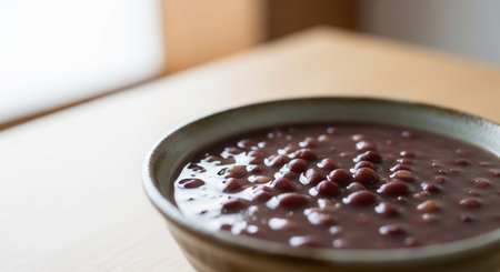 Red bean soup in a bowl on a wooden table, shallow depth of fieldの素材