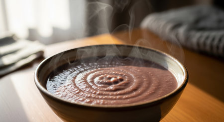 Hot chocolate in a ceramic bowl on a wooden table close-upの素材