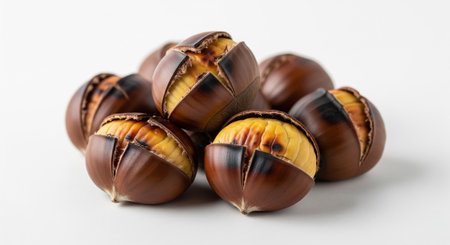 Close up of roasted chestnuts on white background, shallow depth of fieldの素材