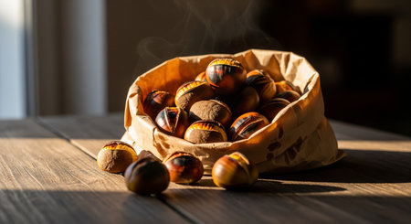 Hazelnuts in a paper bag on a wooden table in the sunlightの素材
