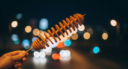 Hand holding hot dog on street at night. Street food concept.の素材