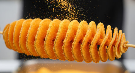 Crispy fried sweet potato fries in a fast food restaurant.の素材