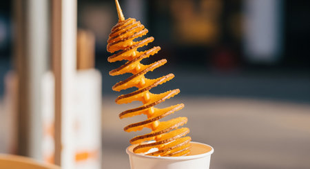 Fried potatoes in a paper cup on the street in the cityの素材