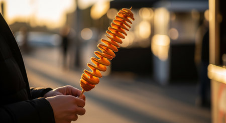 Woman holding an orange hot dog in the street at sunset, close-upの素材