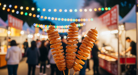 Fried sausages on a stick on a street food marketの素材
