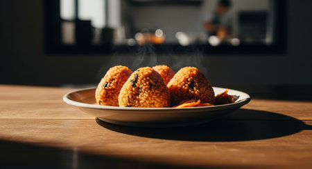 Deep fried rice balls on a plate in the kitchen at home.の素材