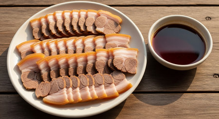 Slices of smoked pork on plate with soy sauce on wooden tableの素材
