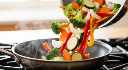 cooking vegetables in a pan on a gas stove in the kitchenの素材