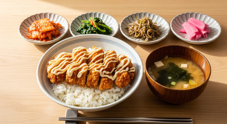 Japanese food, fried chicken with rice and miso soup on wooden tableの素材