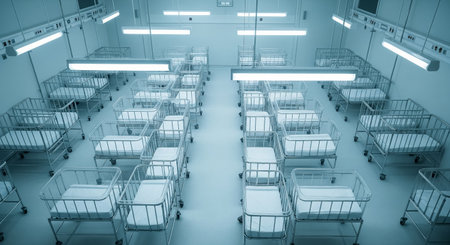 Empty hospital ward with rows of medical beds. 3d renderingの素材