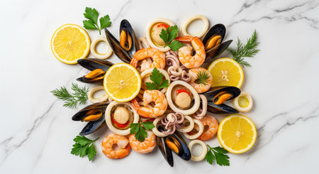 Seafood cocktail with shrimps, mussels, squid and octopusの素材