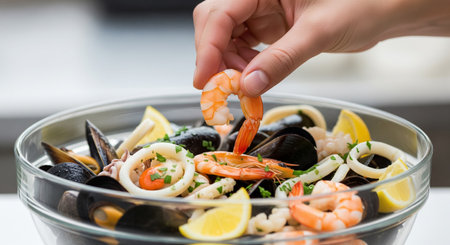 Close-up of woman's hand holding shrimps and mussels in bowlの素材