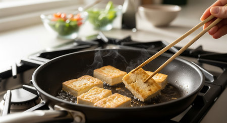 Woman cooking fried tofu on frying pan, closeup. Asian foodの素材