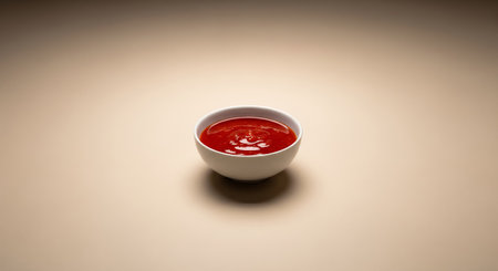 Ketchup in a bowl on a beige background. Selective focus.の素材