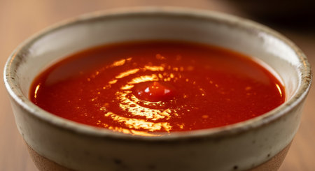 Tomato sauce in a bowl on a wooden table close-upの素材