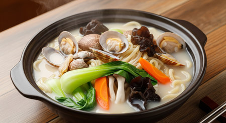 Chinese noodle soup with clams, vegetables and mushrooms in bowlの素材