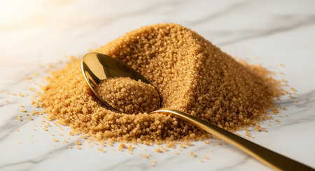 Couscous in a spoon on a white marble table.の素材