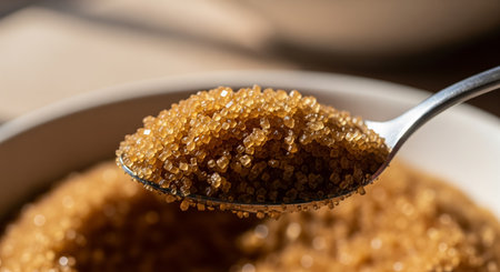 Brown sugar in spoon, close up shot, shallow depth of fieldの素材