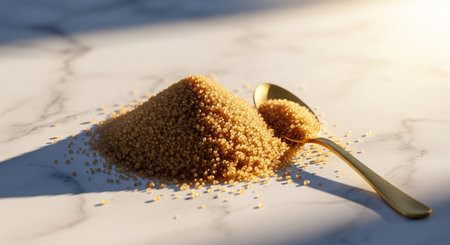 Close up of couscous in a spoon on a marble tableの素材