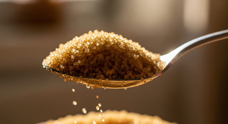 Brown sugar in a spoon on a wooden table, shallow depth of fieldの素材