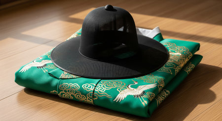 A black Korean gat hat resting on a neatly folded green hanbok with embroidered cranes and gold cloud patterns in natural sunlightの素材