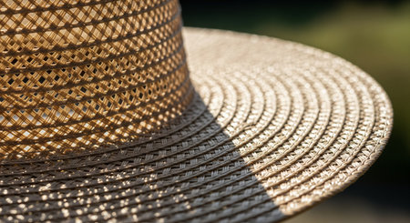 A close up view of the intricate woven pattern of a straw Korean gat under direct sunlight showing texture and craftsmanshipの素材