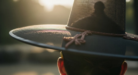 A rear view silhouette of a person wearing a Korean gat with the woven brim reflecting soft sunset colors in a natural outdoor settingの素材