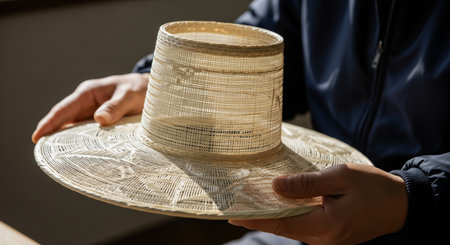 A delicately woven straw gat being held by both hands highlighting the craftsmanship and detailed pattern of traditional Korean hat makingの素材