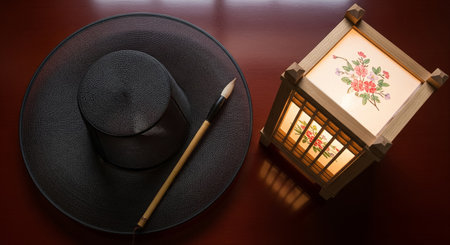 A Korean gat hat placed on a wooden table next to a calligraphy brush and a floral lantern creating a warm traditional atmosphereの素材