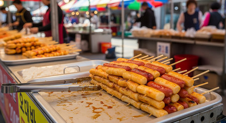 Grilled hot dogs in a street food stall in Seoul, South Koreaの素材