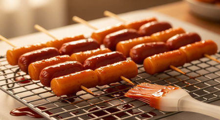 Grilled sausages with ketchup on a barbecue grill.の素材