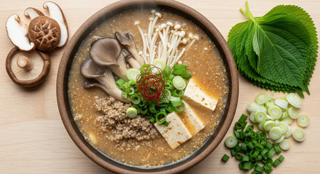 Miso soup in bowl on wooden table, top view. Asian foodの素材