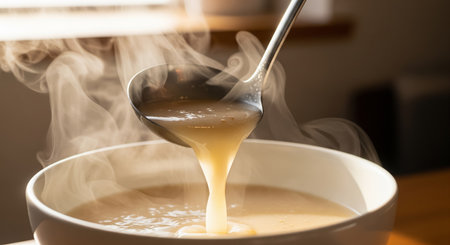 Pouring hot chinese soup from ladle into bowl, closeupの素材