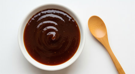 Chilli sauce in a bowl with wooden spoon on white background.の素材