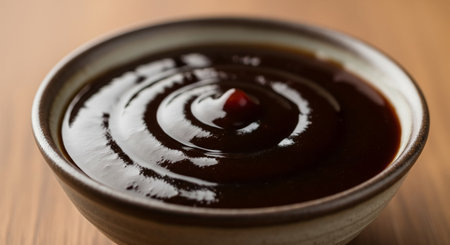 Chocolate sauce in bowl on wooden table, shallow depth of fieldの素材