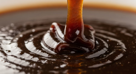close up of chocolate syrup flowing on white background. shallow dofの素材