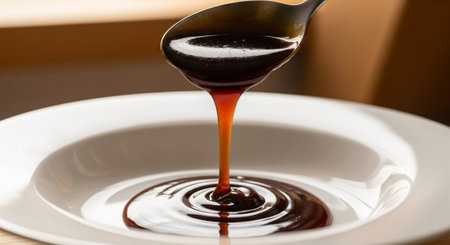 Chocolate syrup dripping from a spoon into a white plate on a wooden tableの素材