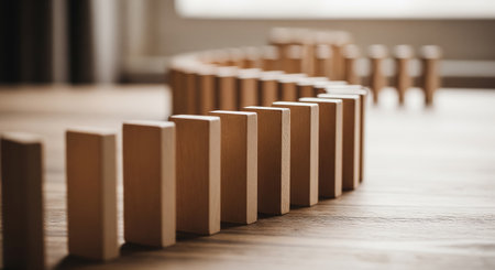 Wooden dominoes in a row on a wooden floor.の素材