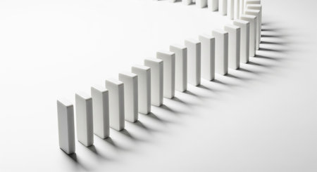 3d illustration of a row of white dominoes on a white backgroundの素材