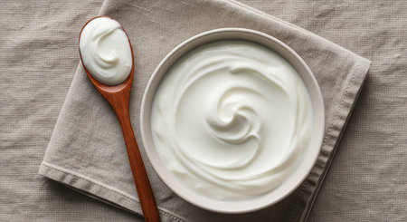 Greek yogurt in a wooden spoon on a linen napkin, top viewの素材